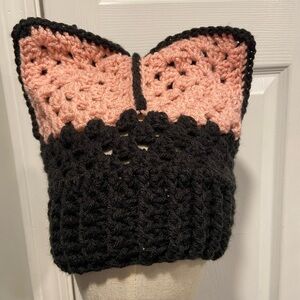 Handmade Crochet Cat Animal Ear Beanie Hat Cozy Ribbed Brim Stretch Winter Hat